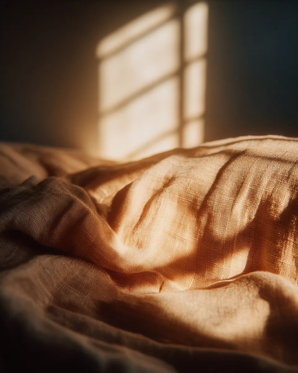 Warm linen folds under soft window light