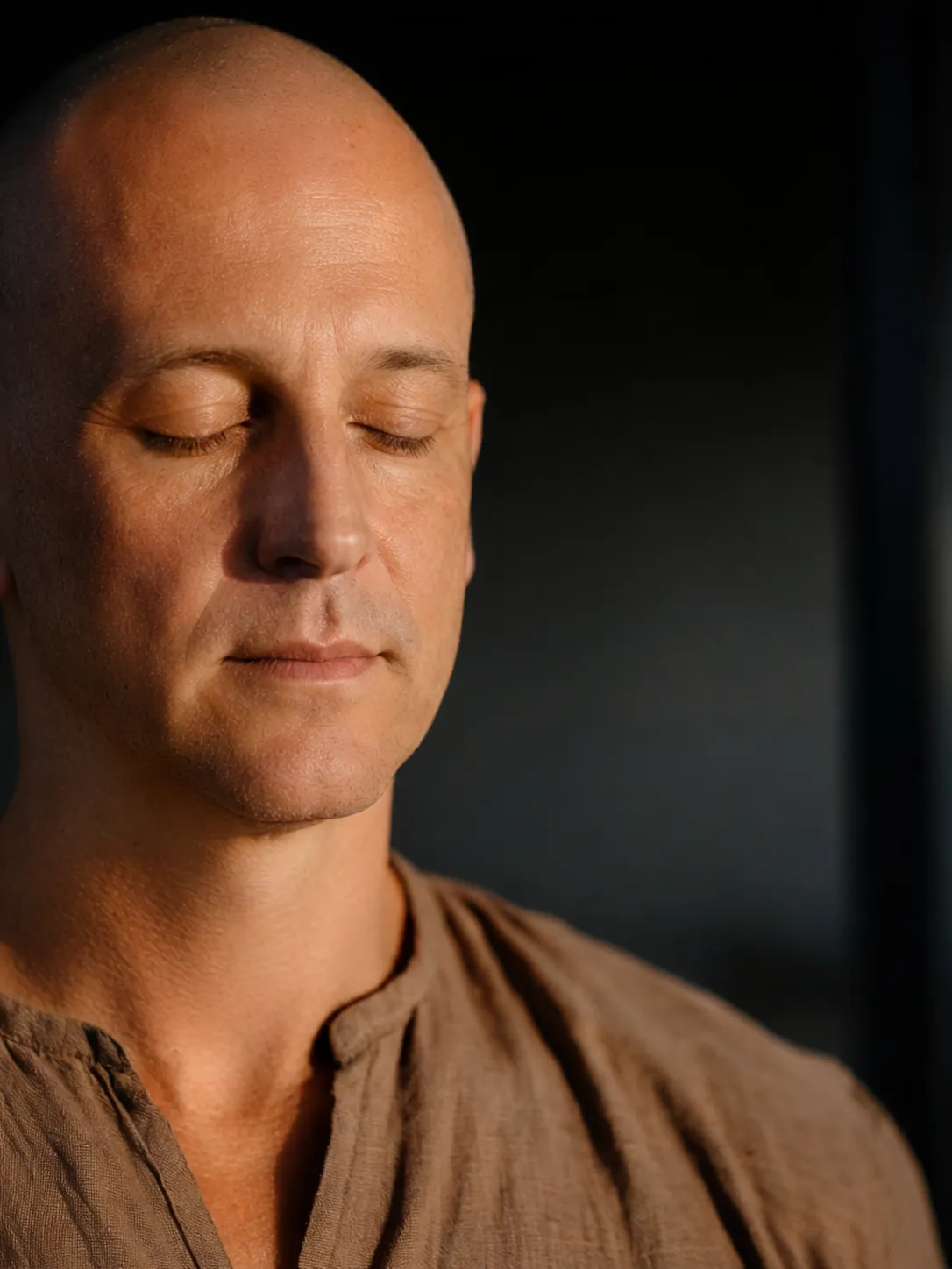 Thomas, practitioner portrait, eyes closed in quiet preparation